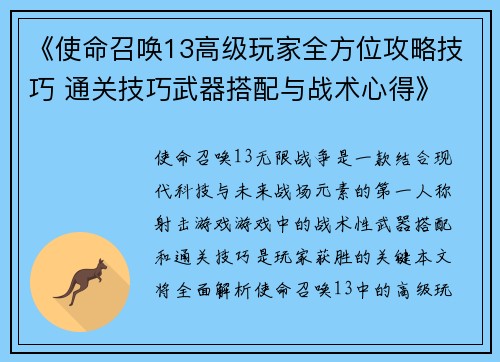 《使命召唤13高级玩家全方位攻略技巧 通关技巧武器搭配与战术心得》